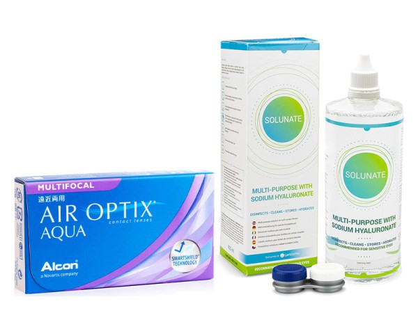 Air Optix Aqua Multifocal (6 lentile) + Solunate Multi-Purpose 400 ml cu suport