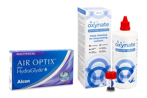 Air Optix Plus Hydraglyde Multifocal (3 lentile) + Oxynate Peroxide 380 ml cu suport